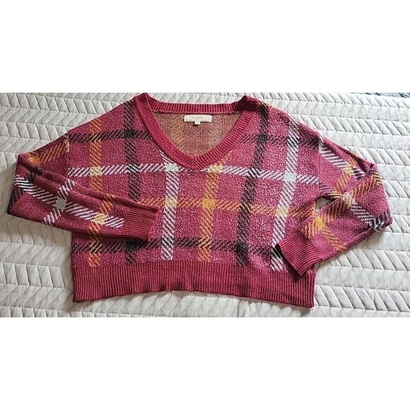 Oversize Sweater No Comment NY LA Plaid V-Neck Cropped Pullover V-neck Size L - Picture 1 of 16